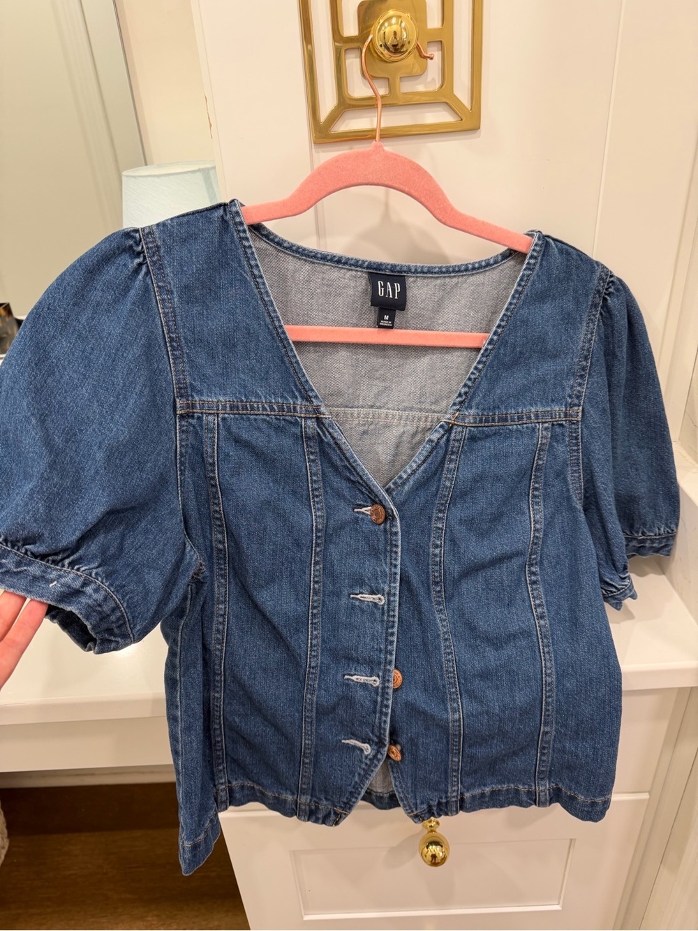GAP Medium Blue Denim Button-Front Puff Sleeve Top